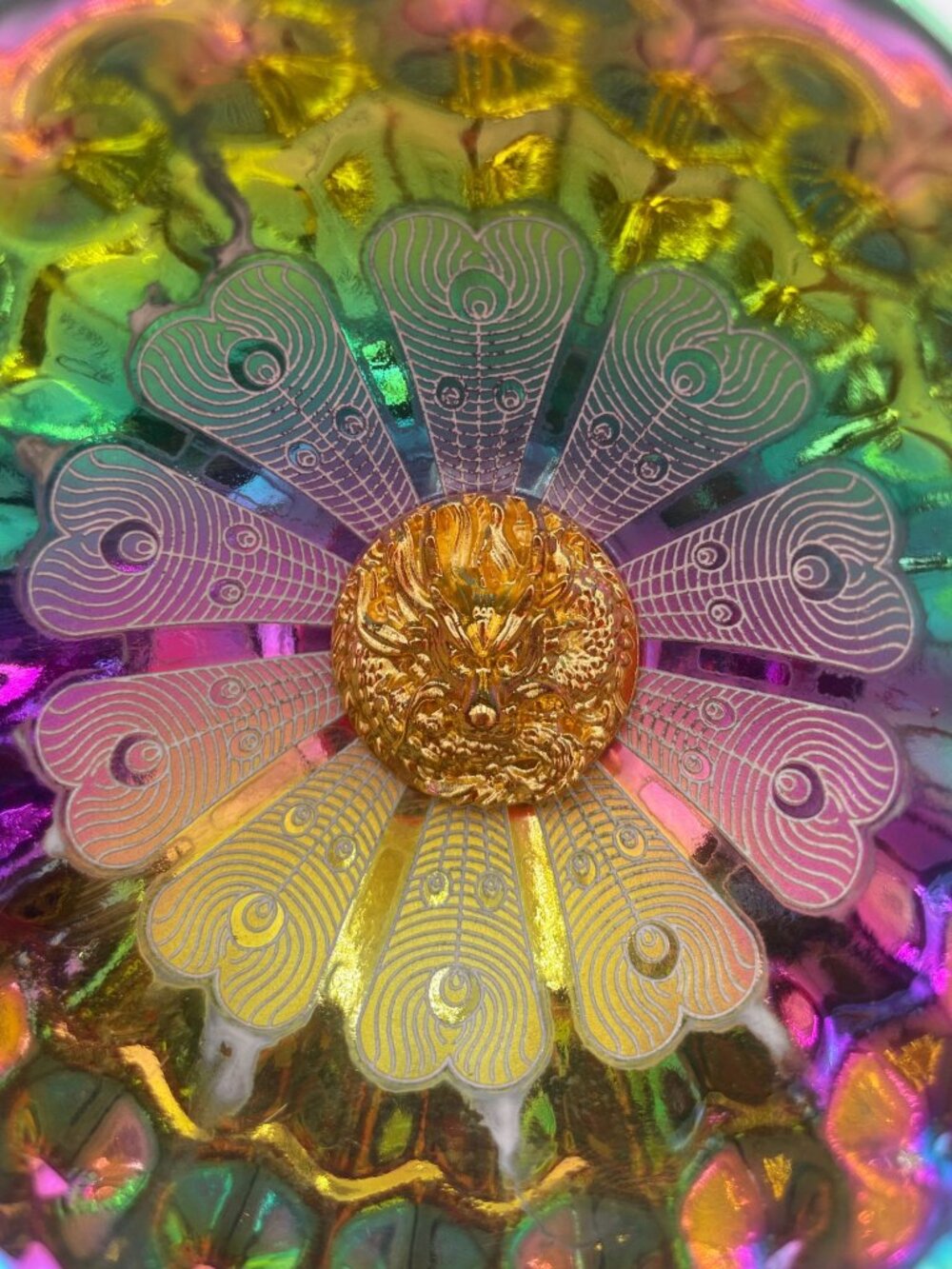 Dragon Motif Iridescent Glass Bowl With Peacock Pattern - Picture 2 of 9